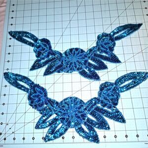 Turquoise sequin and bead flower applique set of 2